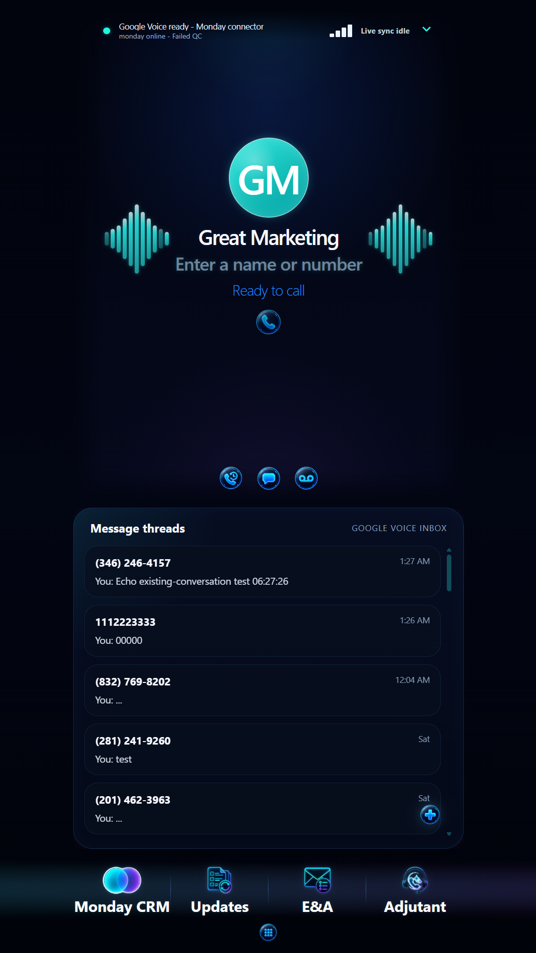 Echo’s message threads view with Google Voice calling controls and workspace navigation